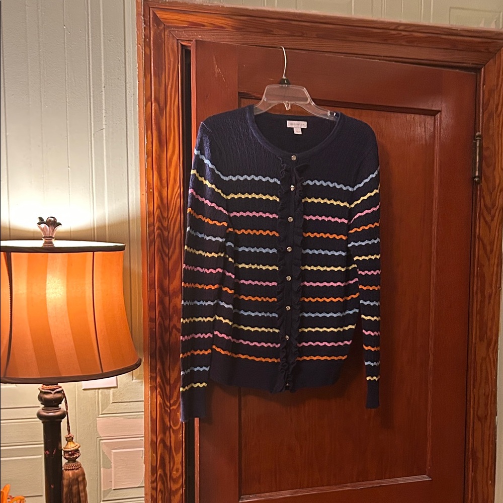 Navy With Multicolor Stripes Textured Cardigan With Ruffle Front